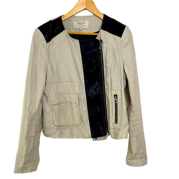 Zara Trafaluc Linen Moto Blazer Jacket Off White/Black Size L - Picture 4 of 5